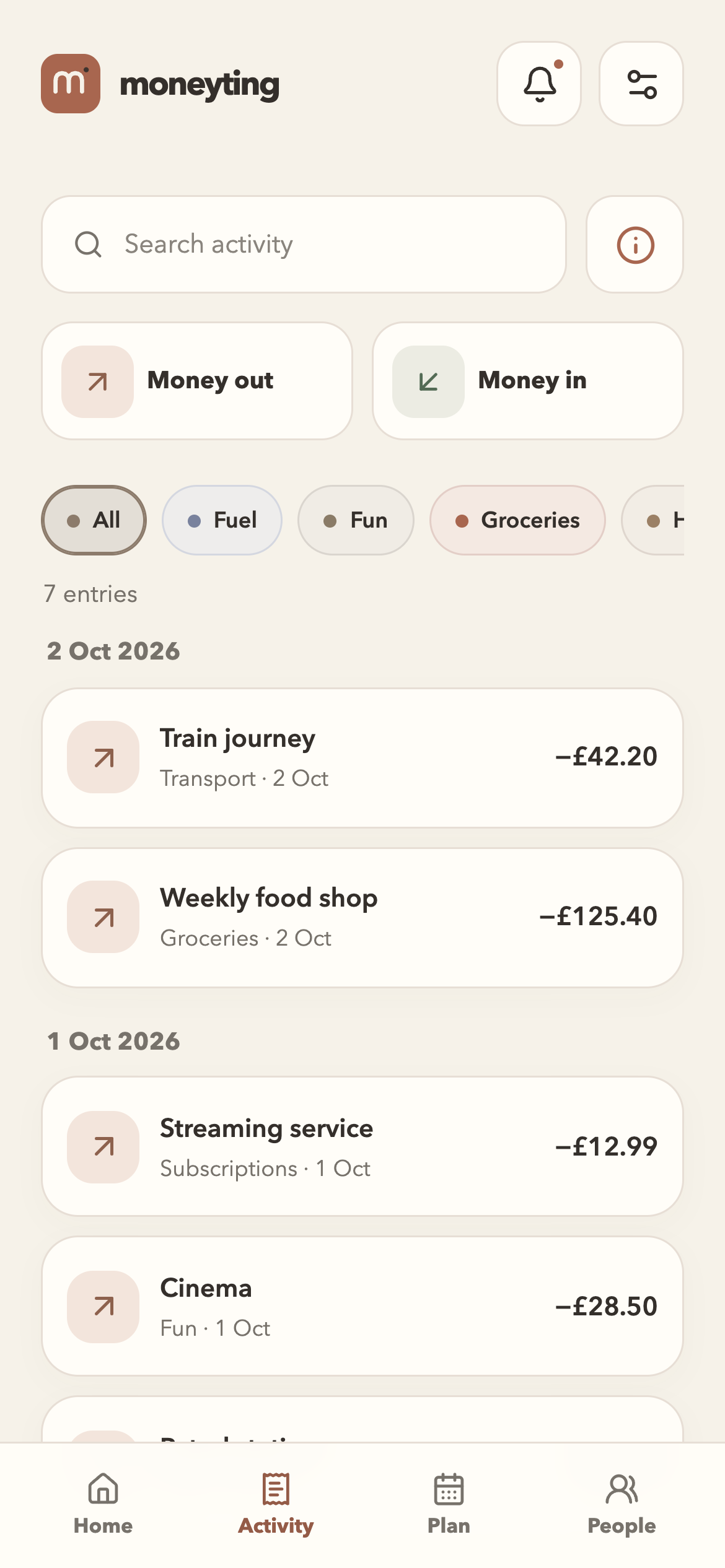 Activity screen with search, category filters, money in and money out