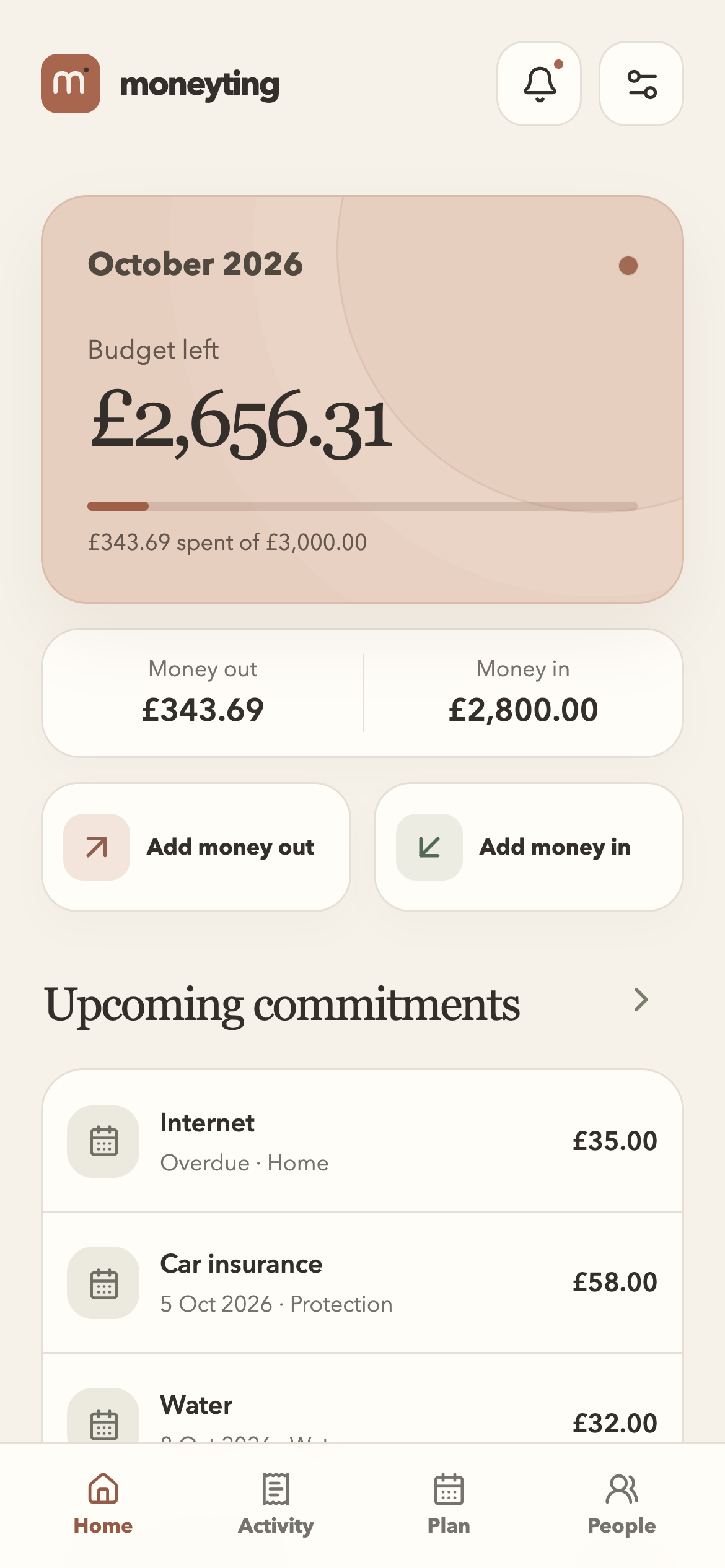 Home screen with this month's budget and quick income and spending buttons