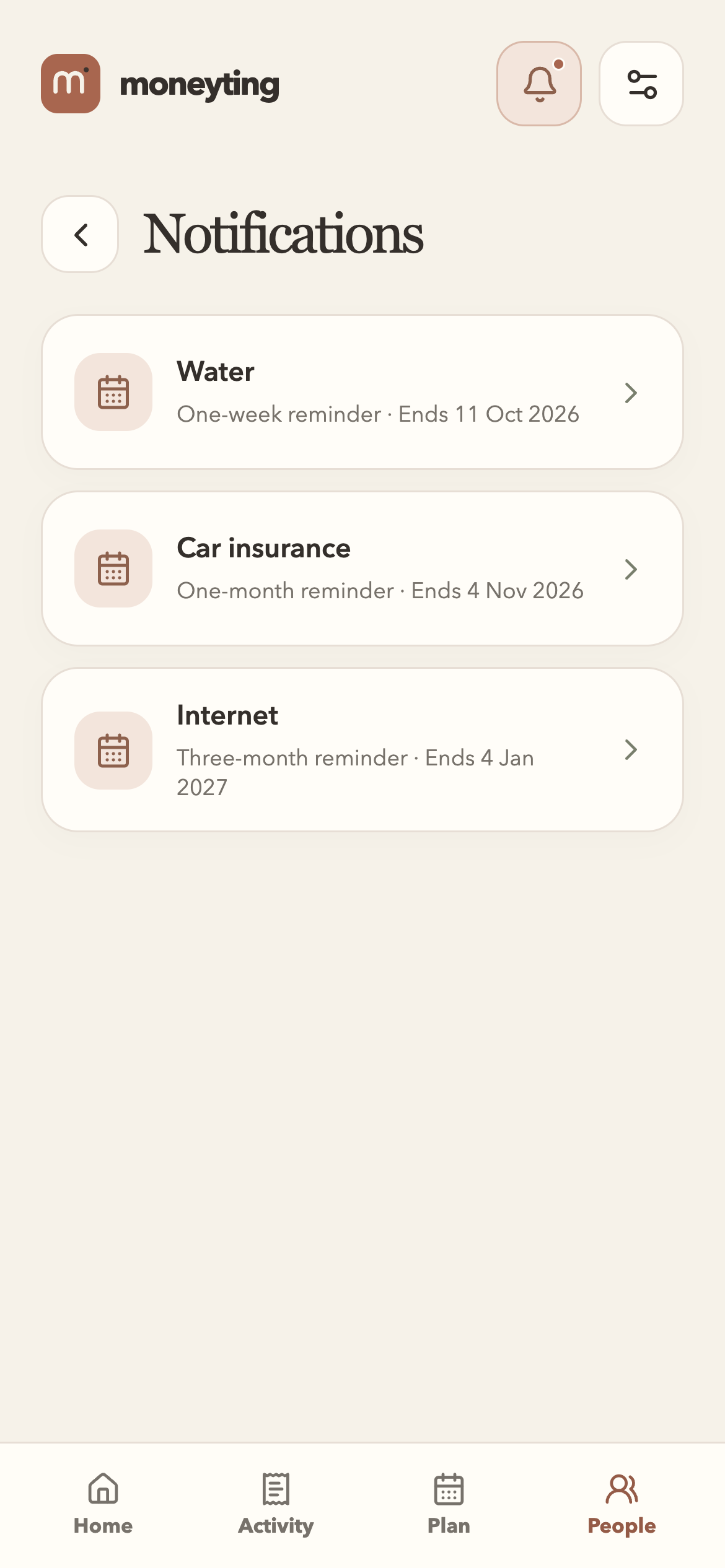 Notifications screen showing local reminders before commitments end