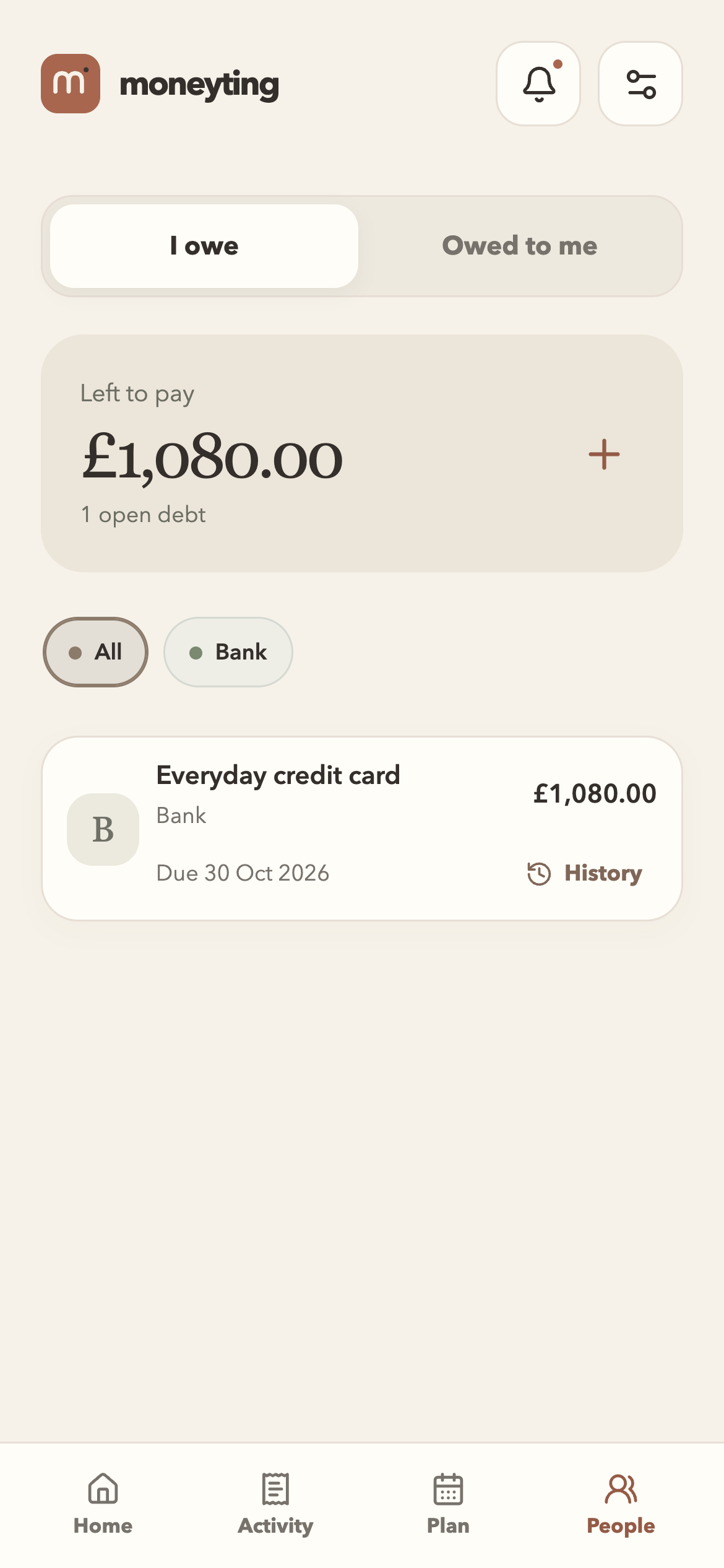 People screen showing debts, money owed to you, and repayment history