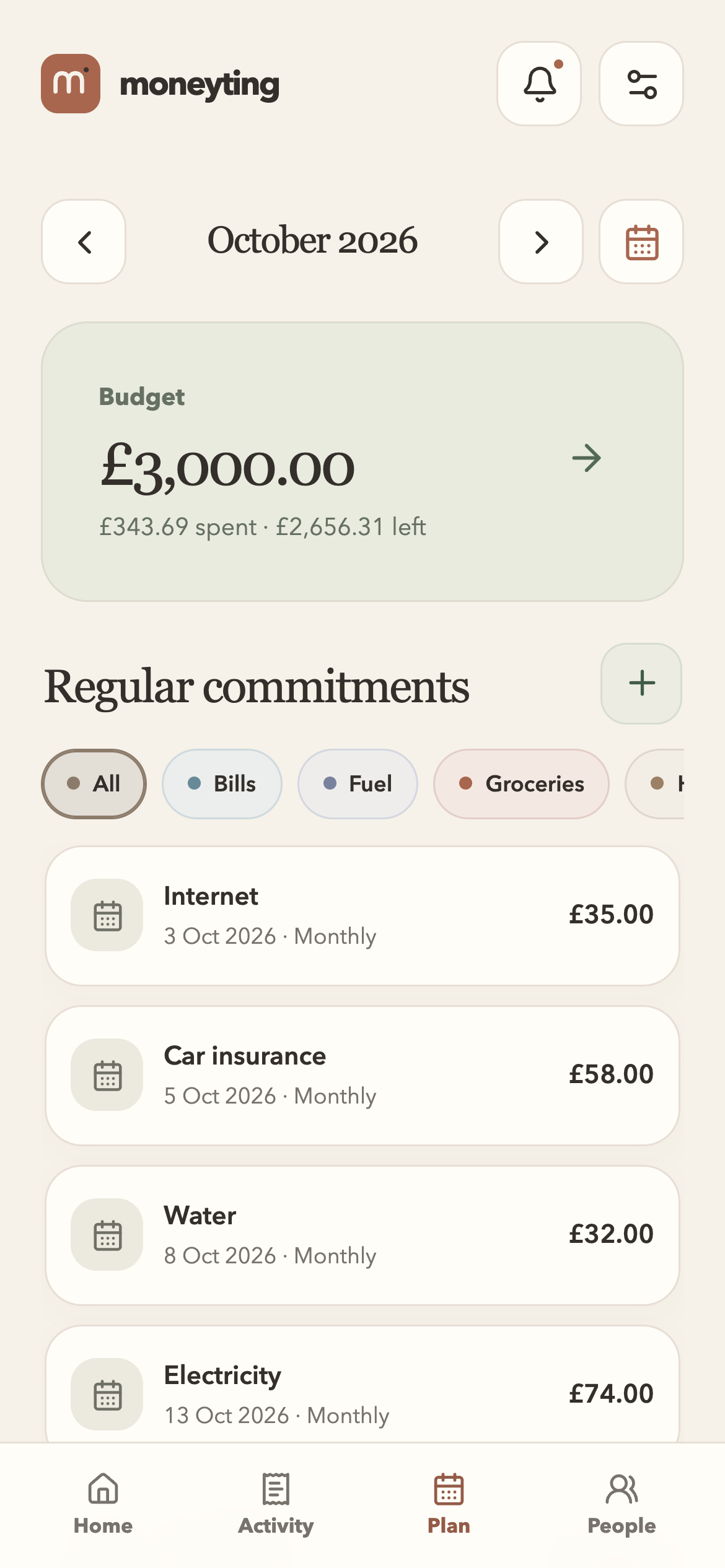 Plan screen with a month calendar, monthly budget, and regular commitments